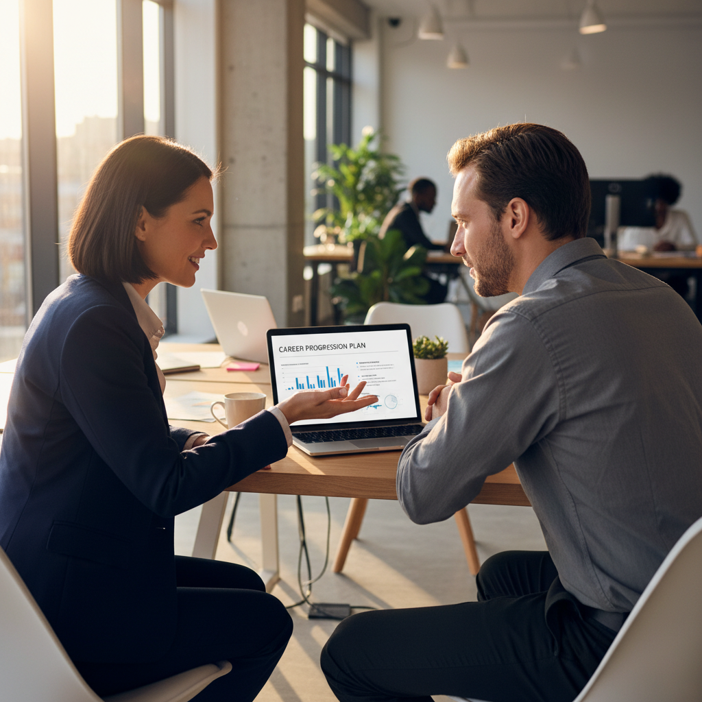Manager and employee in a career development conversation reviewing skills goals