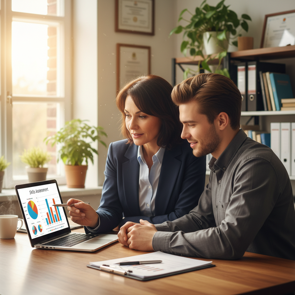 Manager and employee reviewing skills assessment together