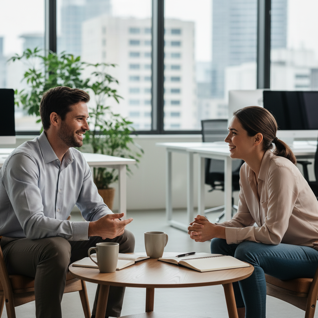 A manager and team member reviewing a skills-based performance conversation